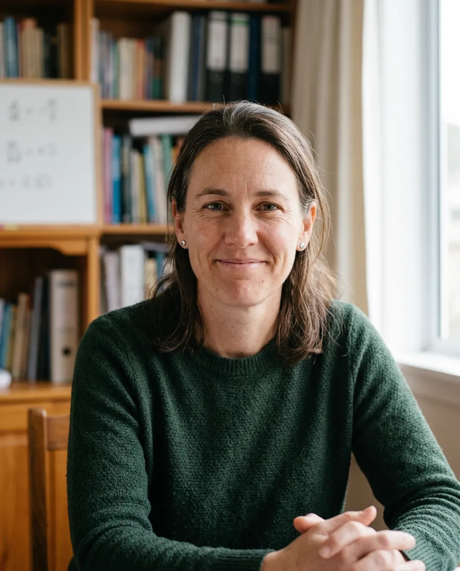 The tutor at her desk, a whiteboard of sums behind her